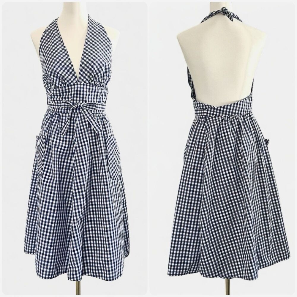 Vintage JH Collectibles Blue White Gingham Halter  Apron Womens L Cottagecore